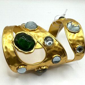 TORY BURCH   Bandana Paisley Statement Cuff Bracelet Hammered Gold Tone Stones